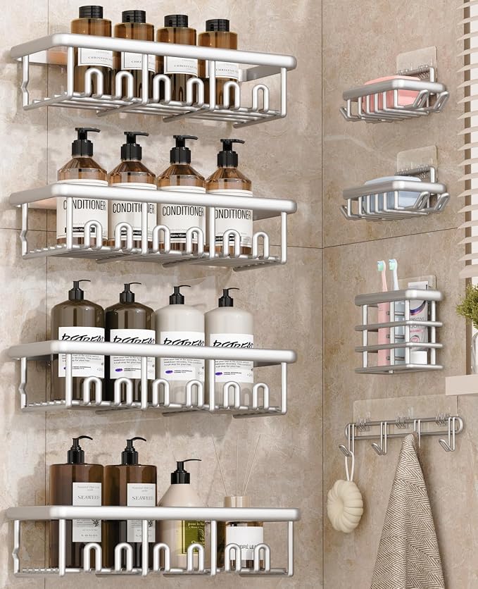 8 Pack Adhesive Rustproof Shower Shelves with Soap Dishes, Toothbrush Holder & Hooks, Large Capacity No-Drilling Shower Shelves Rack for Bathroom Organizers and Storage Accessories, Silver by Unknown
