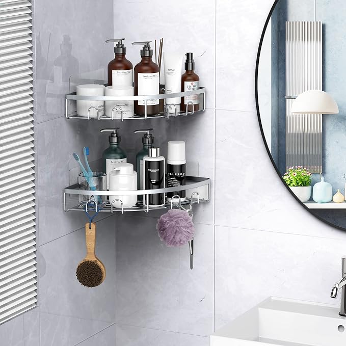 Corner Shower Caddy, 2 Pack Adhesive Bathroom Shower Corner Organizer Shelf, No Drilling Rustproof Wall Mounted Shower Storage Rack Shampoo Holder Organizer (Silver) - Image 7
