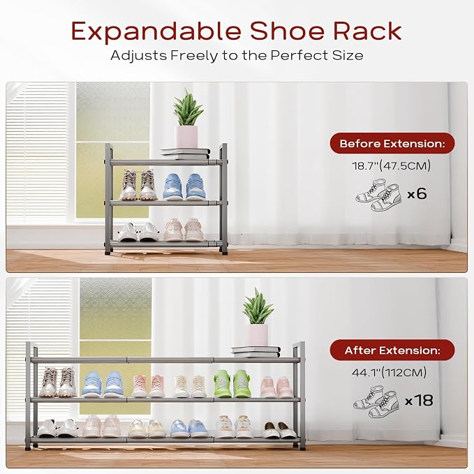Bumusty 3-Tier Long Expandable Shoe Rack for Closet, 18"-44" Adjustable Shoe Rack for Entryway, 15-18 Pairs Large Shoe Organizer Shelf Storage, Sturdy Metal, Light Grey - Image 4
