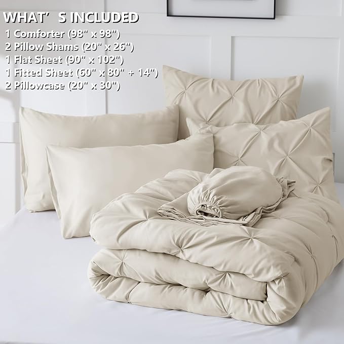 CozyLux Oversized Queen Comforter Sets Beige, 7 Pieces Oversized Queen Pintuck Bed in A Bag, Pinch Pleat Bedding Sets with All Season Comforter, Flat Sheet, Fitted Sheet, Pillowcases & Shams