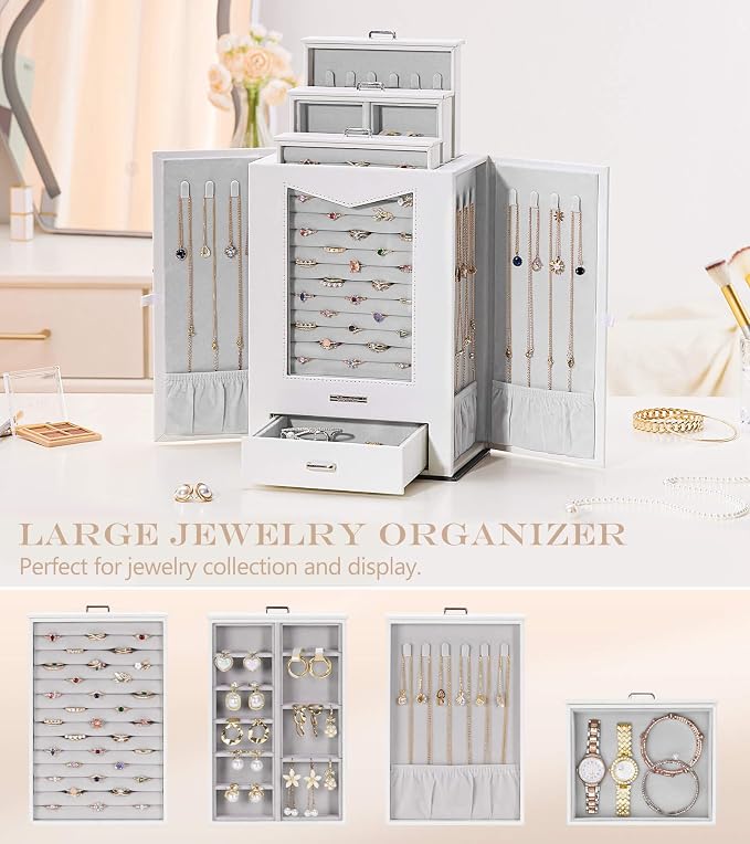 Homde Jewelry Organizer with Transparent Window Necklace Hooks Gift for Women Jewelry Box Display Case for Necklaces Rings Earrings Bracelets and Other Jewelry Accessories (White) - Image 5