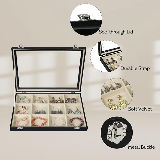 Stratalife Jewelry Organizer Bracelet Holder Organizer Box Earring Storage Drawer Jewelry Display Anti Tarnish Ring Holder For Women Girls 12 Grid (Beige Black) - Image 3