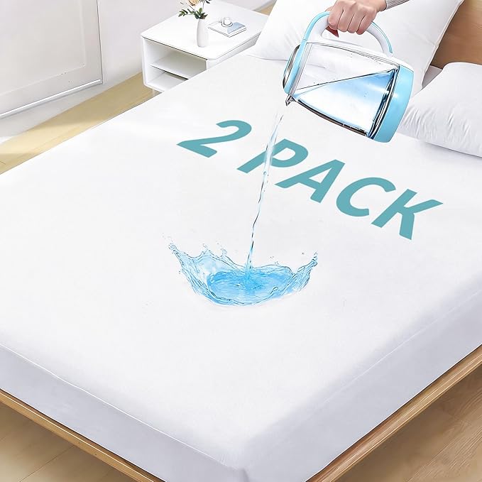 Full Size Mattress Protector- Washable 2 Pack Mattress Cover Fitted Bed Pad Noiseless Plastic Protection Up to 18” Allergy Mattress Protector Soft&Breathable（White）