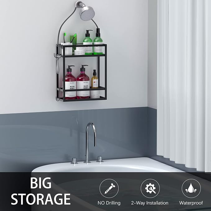 Meangood Shower Caddy, 10.4" x 4.5" x 22.04" Hanging Shower Caddy Organizer Over Shower Head Big Capacity for Shampoo, Conditioner with Hooks for Razor/Sponge, Matte Black - Image 5