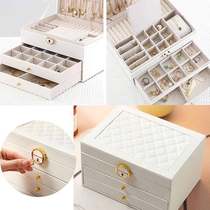 GUOER Jewelry Box for Women Girl Wife 3 Layers Large PU Leather Jewelry Organizer Storage Case with Two drawers Display for Earrings Bracelets Rings Watches Mother's Day (White) - Image 4