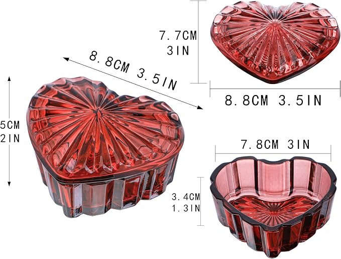 kanpura Crystal Glass Heart-Shaped Jewelry Box,Candy Box with Lid,Women's Covered Earrings Necklace Chest Trinket Storage Box, Glass Jar Christmas Gifts for Women and Girls(Burgundy) - Image 6
