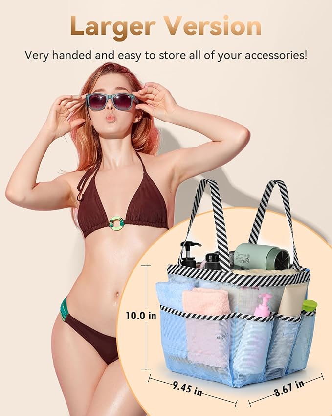 Temede Mesh Shower Caddy Tote, Large Shower Caddy Basket Portable, Quick Dry Hanging Toiletry Bag, 8 Storage Pocket Bath Organizer for College Dorm Room, Gym, Bathroom, Camp, Travel (Blue) - Image 2