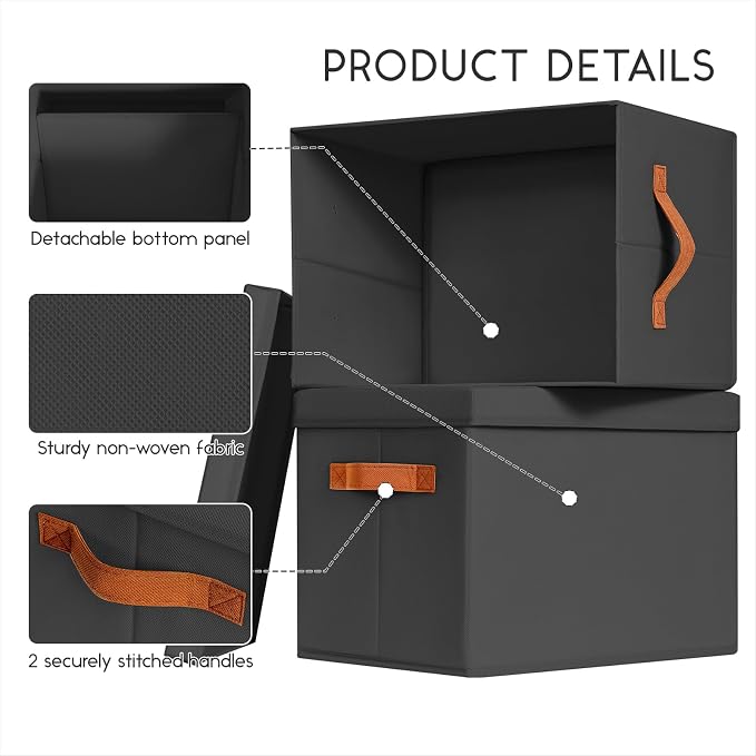 Homsorout Storage Bins with Lids - Large Fabric Closet Bins with Lid, 8 Pack Clothes Organizers and Storage, Collapsible Stackable Cube Basket for Home, Office, Dorm, Black - Image 4