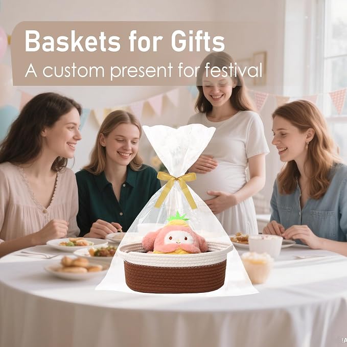 JMvicyroam Woven Basket,Small Rope Storage Bin with Handles & Ribbon Bag, Organizer for Shelves Closets,Gift Basket Empty for Birthday,Books,Dog Toys, White&Brown/3 Pack - Image 4