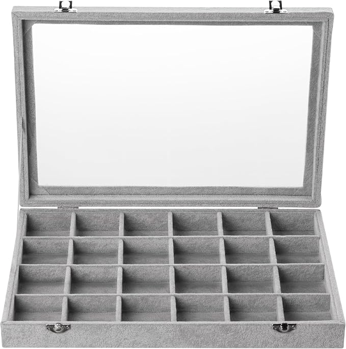 Frebeauty Velvet Jewelry Tray,24 Grid Jewelry Organizer with Clear Lid,Earring Holder Organizer with Clasp,Drawer Insert Rings Pendants Brooches,13.8 x 9.5 x 2 Inches,Gift for Women Girls(Grey) - Image 2