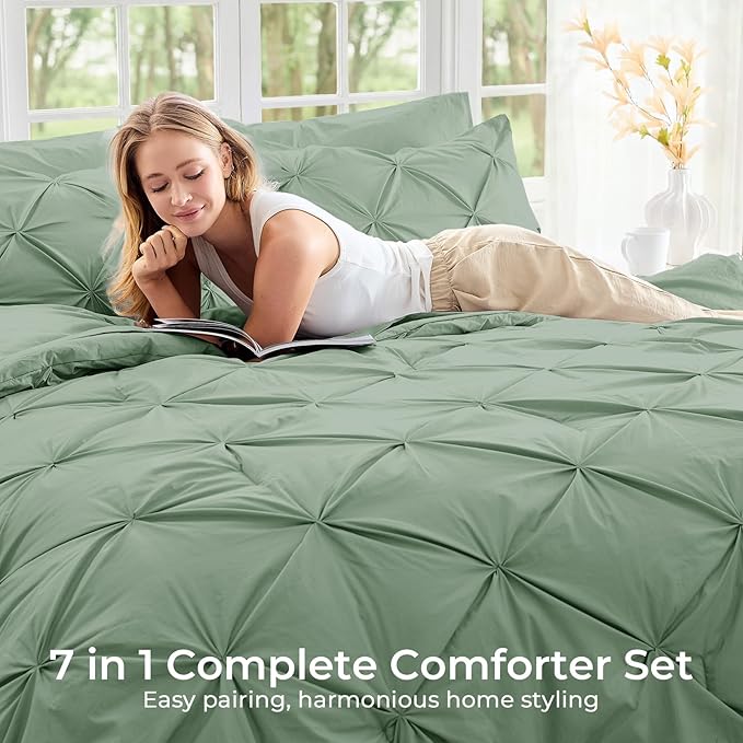 Sasttie California King Comforter Set, 7-Piece Bed in a Bag Cal King, Pintuck Bedding Set for All Season, Includes Comforter, Flat Sheet, Fitted Sheet, Pillowcases and Pillowshams, Sage Green