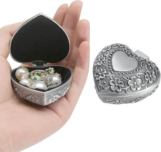 Vintage Metal Jewelry Gift Box, Small Heart Shape Trinket Storage Organizer Case for Ring/Earrings/Necklace/rosary, Keepsake Treasure Holder Box for Bedside Dresser Decorative (Style 1) by BAOPEND