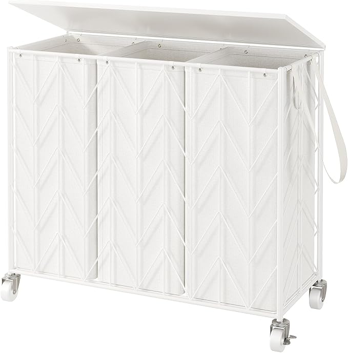 WOWLIVE Laundry Basket with Wheels, 142L Laundry Hamper 3 Section with Lid, Dirty Clothes Hamper with Removable Bags, Large Capacity Iron-Made Laundry Basket Organizer Laundry Sorter for Dorm, White by WOWLIVE