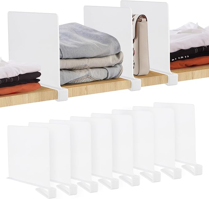 JOY DECOR 8 Pack Acrylic White Shelf Dividers for Closets Organizer and Storage Adjustable Vertical Wood Shelf Closet Separators for Clothes,Book,Bags in Bedroom and Kitchen by JOY+DECOR