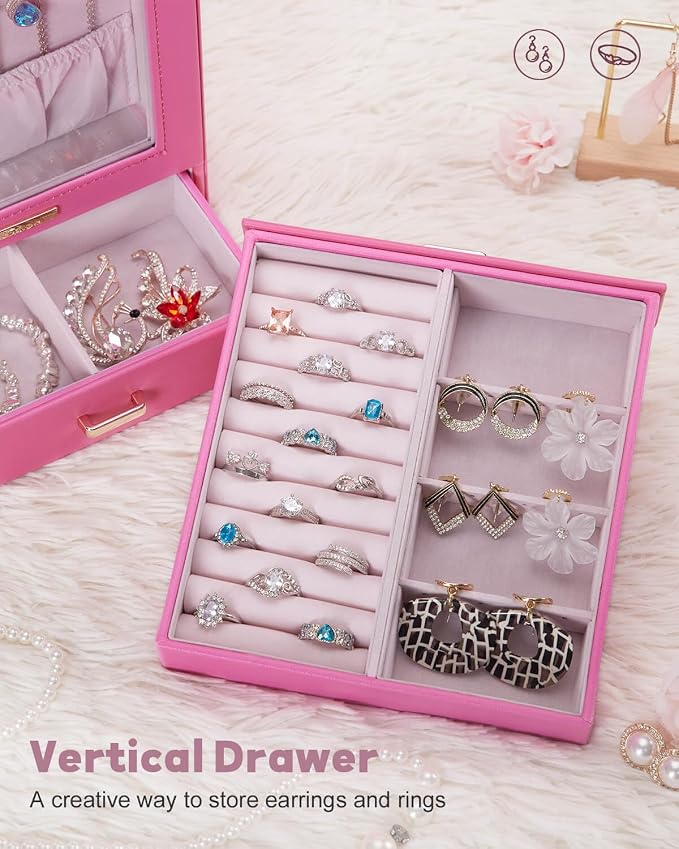 Homde Mothers Day Gifts Jewelry Organizer Girls Women Jewelry Box for Necklaces Rings Earrings Gift Bracelets Storage Case(Pink + Gold) - Image 5
