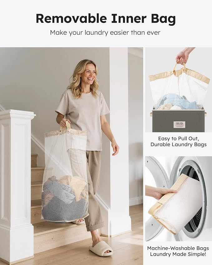 SOLEDI Laundry Hamper with Lid 100L Large & Tall Collapsible Laundry Basket, Clothes Hamper with Bag Removable Easy to Carry, Dirty Hampers for Bedroom, Bathroom, Dorm, College, Cement - Image 4