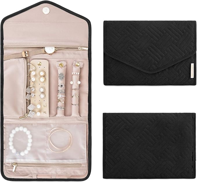 BAGSMART Travel Jewelry Organizer Roll Foldable Jewelry Case for Journey-Rings, Necklaces, Bracelets, Earrings, Black by BAGSMART