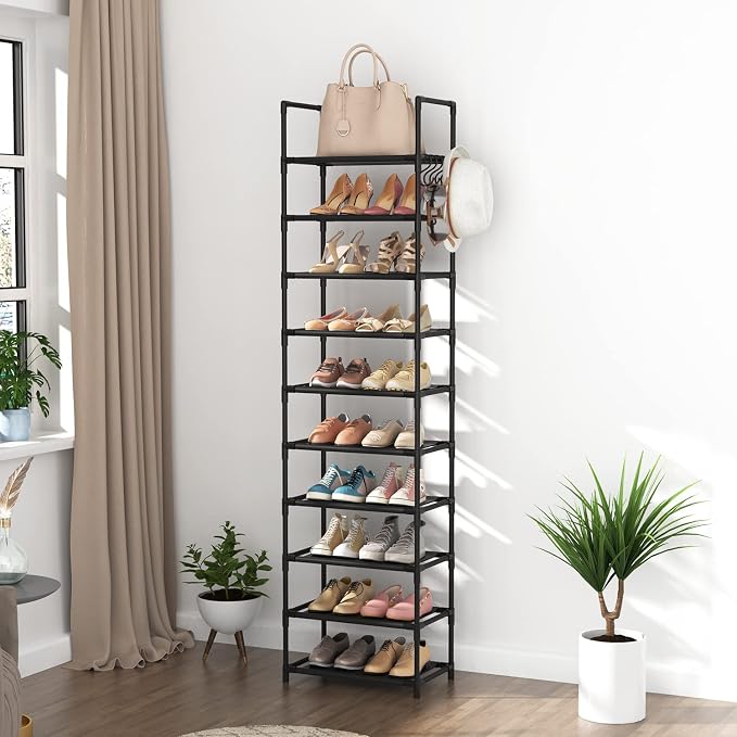 LANTEFUL 10 Tiers Tall Shoe Rack 20-25 Pairs Boots Organizer Storage Sturdy Narrow Shoe Shelf for Entryway, Closets with Hooks, Black - Image 7