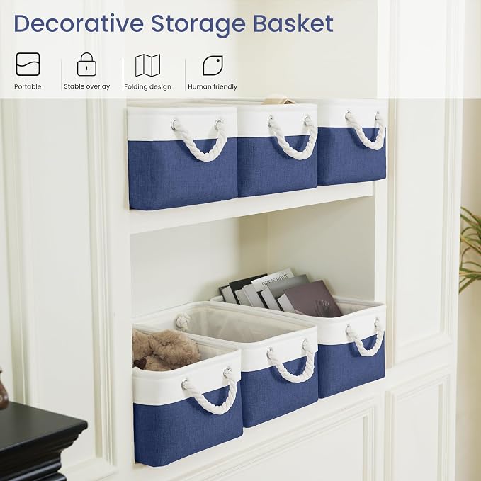 Storage Baskets for Shelves 13.8x9.8x6.7 Inch, Foldable Fabric Storage Bins with Handles, Small Storage Baskets for Organizing Closet, Office, Home Organization (1-Pack, White&Blue) - Image 5
