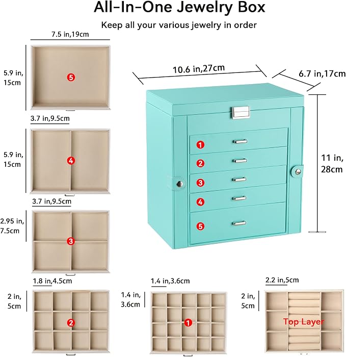 Frebeauty Large Jewelry Box,6-Tier PU Leather Jewelry Organizer,Multi-functional Storage Case with Mirror,Accessories Holder with 5 Drawers for Necklace Bracelets Watches(Turquoise) - Image 3