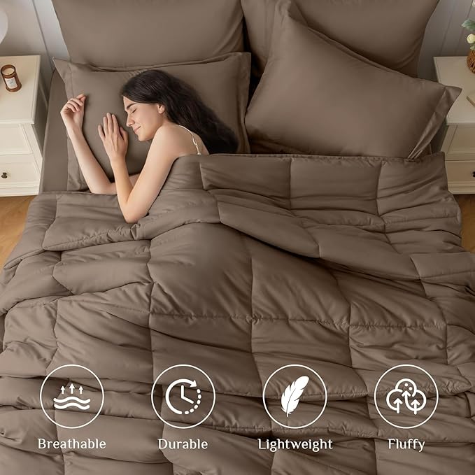 JOLLYVOGUE Twin Comforter Set, Ultra-Soft Bed in a Bag Twin Size 5 Pieces, Oeko-TEX Certified Bedding Set with Down Alternative Comforter, Sheets, Pillowcases & Shams, Brown