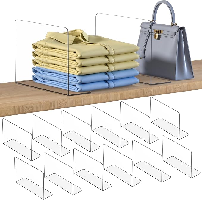 OKPOW Shelf Dividers Closet Organizer - 7.5" Tall X 11.8" Deep Acrylic Clear Sturdy Separate for Clothes Purse - Adjustable Space Saver Easy Install for Home Organization Enthusiasts 12 Pack by OKPOW