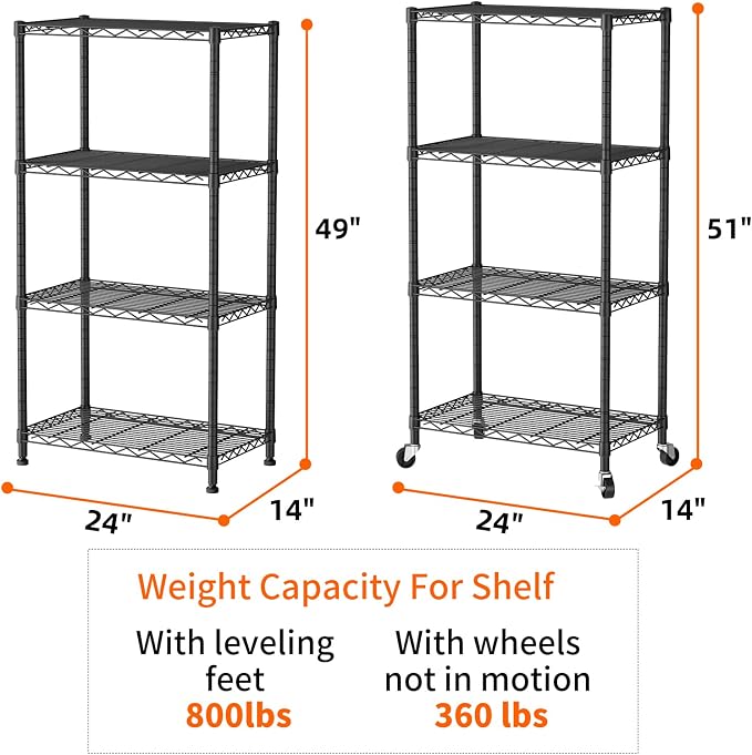 SINGAYE 4 Shelf Storage Wire Shelves Closet Bathroom Organizers Metal Pantry Kitchen Garage Shelving Unit Laundry Room Organization Home Narrow Rack Net Basket with Wheels Black - Image 3
