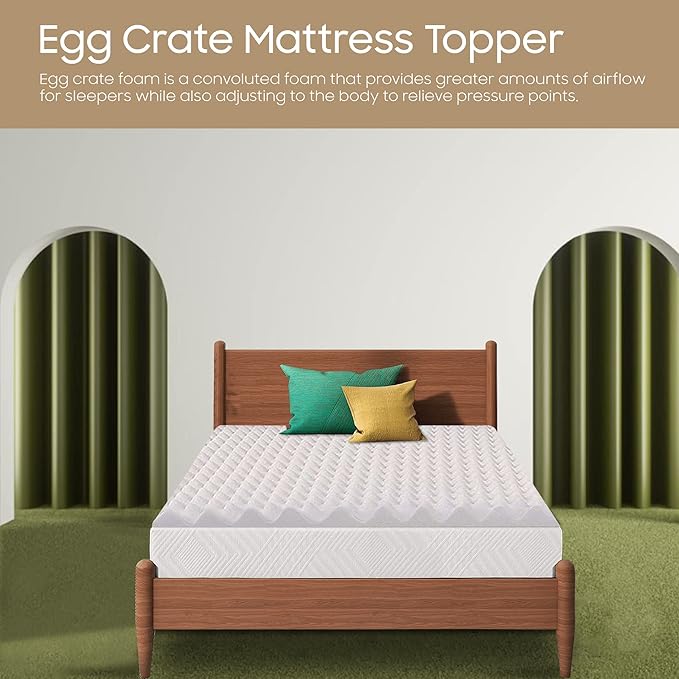 Zayton 2-inch Convoluted Foam Mattress Topper with Egg Shell Design | Breathable, Soft, and Comfortable Bed Toppers for Back Pain, Orthopedic Support for Better Sleep, Full, Green