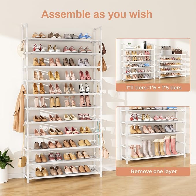 LANTEFUL 11 Tiers Tall Shoe Rack Holds 55 Pairs of Shoes with 18pcs Hooks Sturdy Wide Shoe Organizer Storage Free Standing Metal Shoe Shelf for Closet, Entryway White - Image 5