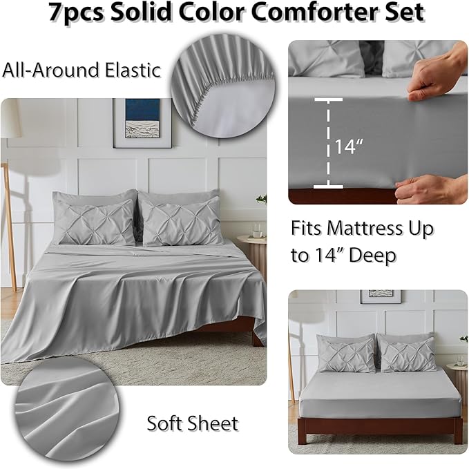 CozyLux California King Comforter Set Light Grey - 7 Pieces Cal King Pintuck Bed in A Bag Gift for Family, Pinch Pleat Bedding Sets with All Season Comforter, Sheets, Pillowcases & Shams