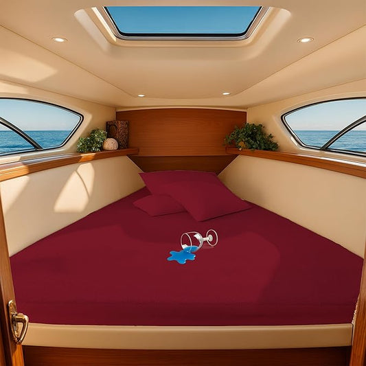 SGI Bedding Waterproof V Berth Mattress Protector 88" Head x 82” Length x 20" Foot – 15" Deep Pocket, 360° Fitted Style Mattress Pad Cover, Soft Noiseless & Breathable Cover for Boat – Burgundy