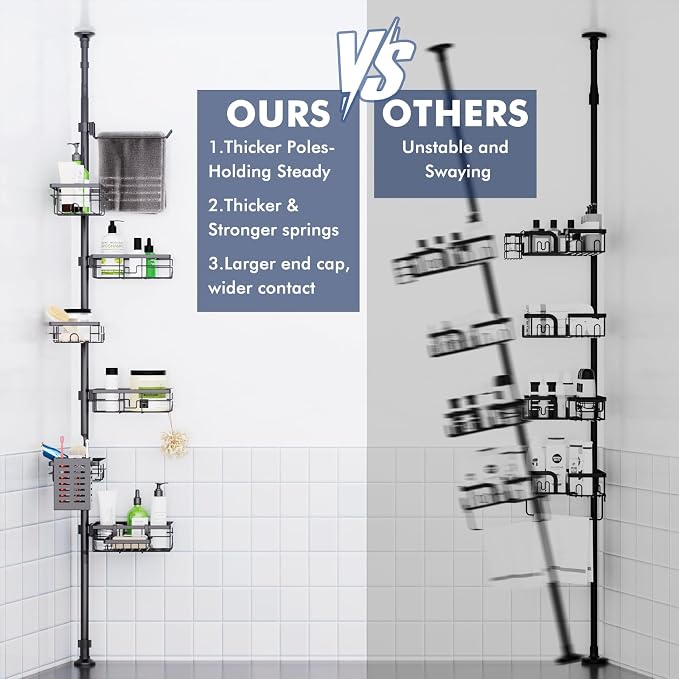 Shower Caddy Organizer Tension Pole, Rustproof 6-Pack Corner Shelf with 30-120 Inch Adjustable Shower Rack for Inside Shower, Extra Towel Bar & Soap Dish for Bathroom Organizers and Storage, Black - Image 4