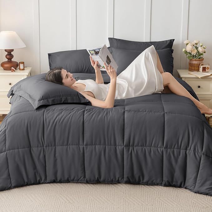 JOLLYVOGUE Full Comforter Set, Ultra-Soft Bed in a Bag Full Size 7 Pieces, Oeko-TEX Certified Bedding Set with Down Alternative Comforter, Sheets, Pillowcases & Shams, Dark Grey