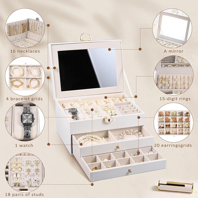 3 Layer Jewelry Boxes for Women with Mirror Large Jewelry Organizer Box with 2 Jewelry Organizer Drawer PU Lockable Elegant Unique Gifts for Women, White - Image 8