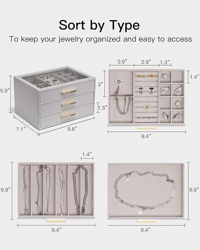 VLANDO Jewelry Box for Women, Glass Lid Jewelry Organizer with 3 Drawers for Necklaces Rings Earrings Bracelets - Grey - Image 6