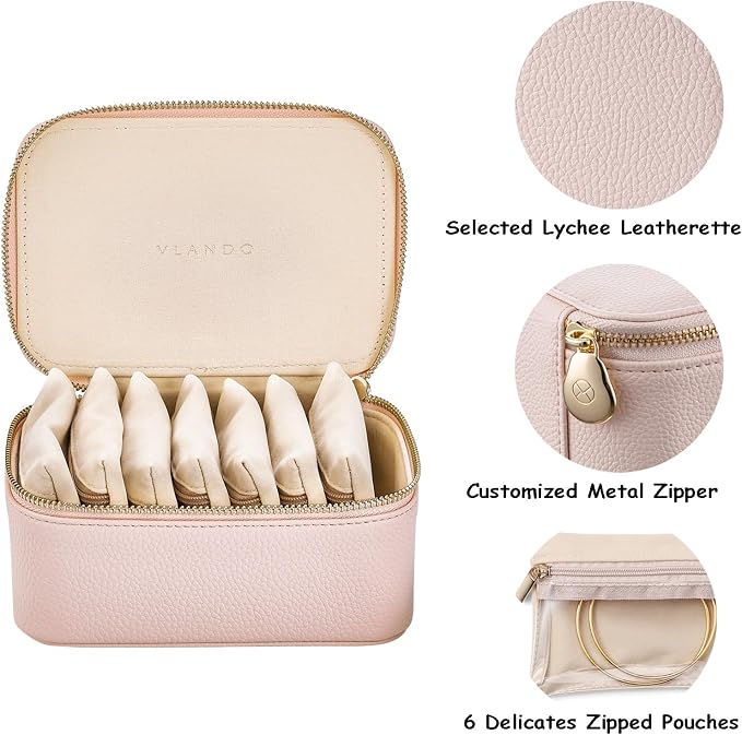 VLANDO Travel Jewelry Box Organizer – Portable PU Leather Jewelry Case with 6/8/12 Zippered Pouches, Compact Storage for Earrings Rings Necklaces Bracelets, Rosy Mauve - Image 7