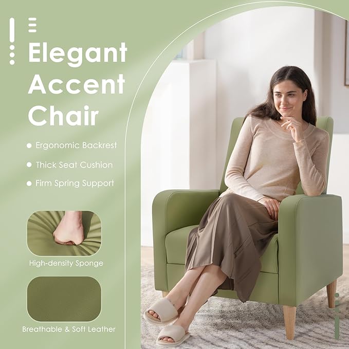 COLAMY Faux Leather Living Room Accent Chair Armchair with Pillow, Reading Side Chair,Single Sofa with Wood Legs, L-Green