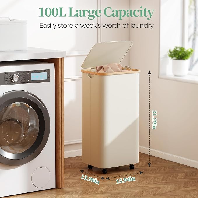 Yecaye 100L Large Capacity Laundry Hamper – Foldable Rolling Laundry Basket, Mobile Clothes Hamper with Wheels, Removable Inner Bag, Bamboo Handle Lid Laundry Bin – Multi-Use Storage,Beige - Image 3