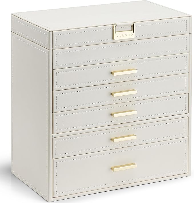 VLANDO 6 Layer Large Jewelry Box - Jewelry Holder Organizer, Jewelry Box Organizer for Drawer Necklace Ring Bracelet and Watch, Birthday Gift for Loved Ones - Beige by VLANDO