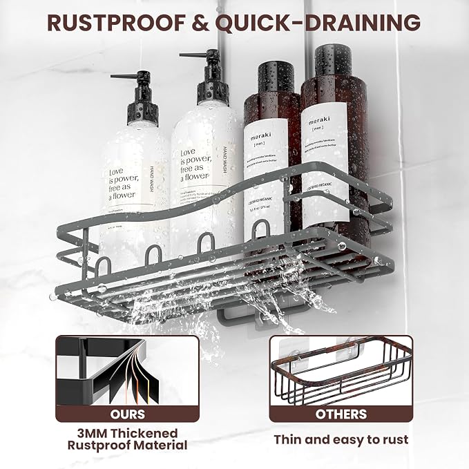 REINHARDT Shower Caddy Hanging, Rustproof Bathroom Caddy Anti-Swing Shower Organizer No Drilling Bath Racks with Soap Holder Multi Hooks Bathroom Storage for Shampoo Sponge, Grey - Image 4
