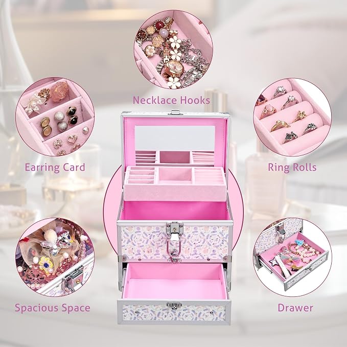 Hododou Girls Jewelry Box Organizer with Drawer & Mirror, Shiny Pink Style Lockable Storage Case for Kid or Little Girls Jewelry and Hair Accessories Lilac - Image 5