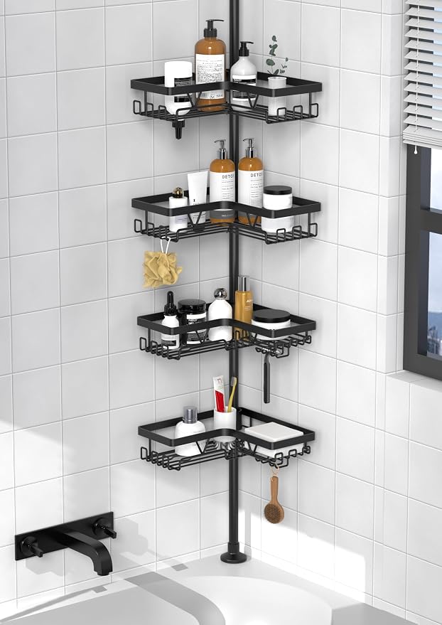 KEGII Corner Shower Caddy Tension Pole - Shower Tension Rod Organizer, Floor to Ceiling Shower Caddy 25-114.2 inch, Towel Rack Corner Waterproof, Black by KEGII