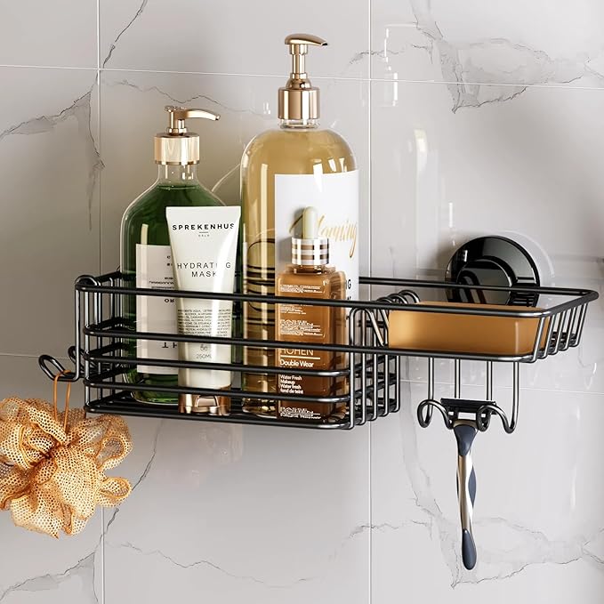 TAILI Shower Caddy Suction Cup with Hooks and Soap holder, Heavy Duty Bathroom Shower Organizer, No Drilling Bathroom Holder with Large Capacity, Metal Black Storage Basket by TAILI