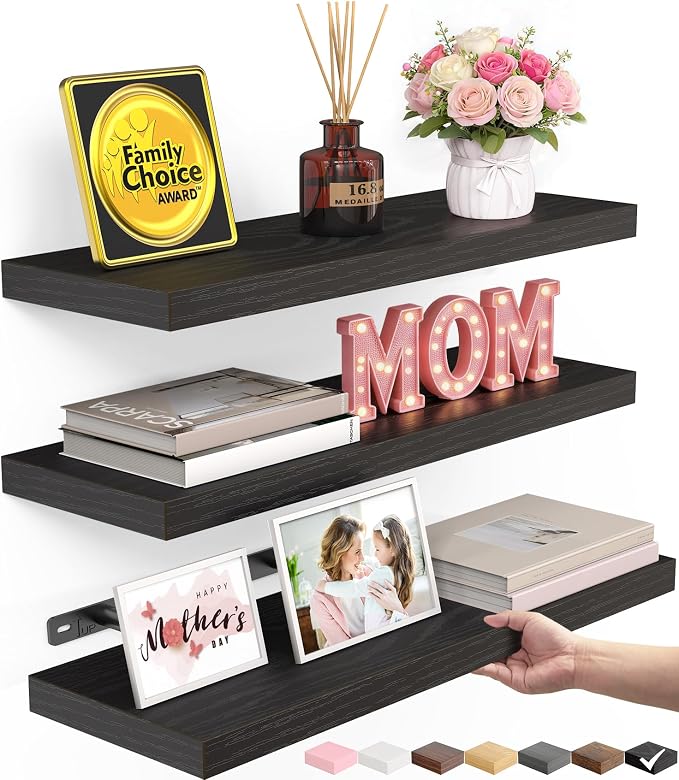 BAYKA Floating Shelves for Wall, Wall Mounted Rustic Wood Shelves for Bathroom, Bedroom, Living Room, Kitchen, Hanging Shelf for Books/Storage/Room Decor with 22lbs Capacity (Black, Set of 3, 15.7in) by Bayka