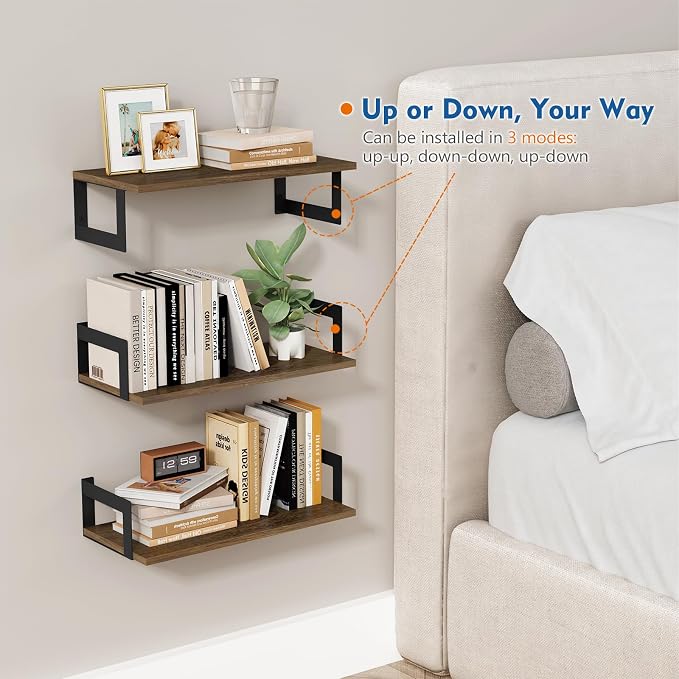 Harwaya Floating Book Shelves for Wall Set of 3, 17 x 8 Inch Deep Wooden Wall Bookshelf for Bedroom Office, Rustic Wood Hanging Wall Shelves for Living Room Kitchen (Dark Brown) - Image 6