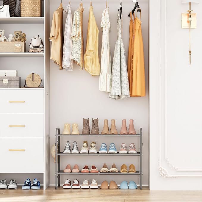 VILICK 3 Tier Shoe Rack 33" Wide Metal Shoe Organizer Long Shoe Storage with 4 Side Hooks Sturdy Shoes Shelf for Front Door Entrance, Closet, Garage, Dorm, Grey - Image 8