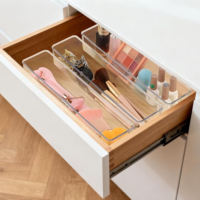 Ohlove 6 Pcs Large Clear Plastic Drawer Organizers Tray 12"x3" Storage Bins with 25 Pcs Non-Slip Pads for Makeup, Jewelries, Kitchen Utensils, Bathroom and Office - Image 2