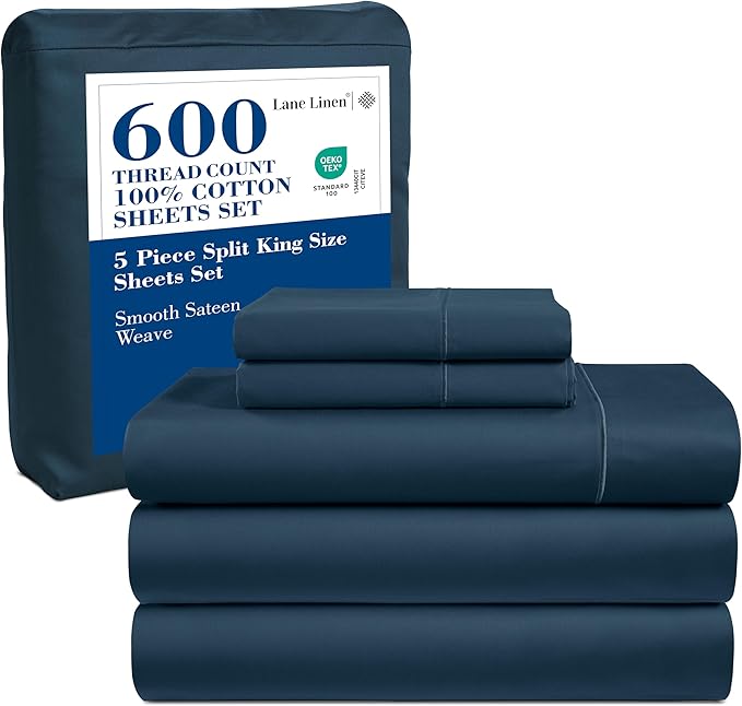 LANE LINEN Split King Sheet Sets for Adjustable Beds - 5 PCs, 600 Thread Count Split King Sheets Set - Sateen Weave King Split Sheets - Split Top King Sheets Set for Adjustable Bed - Denim