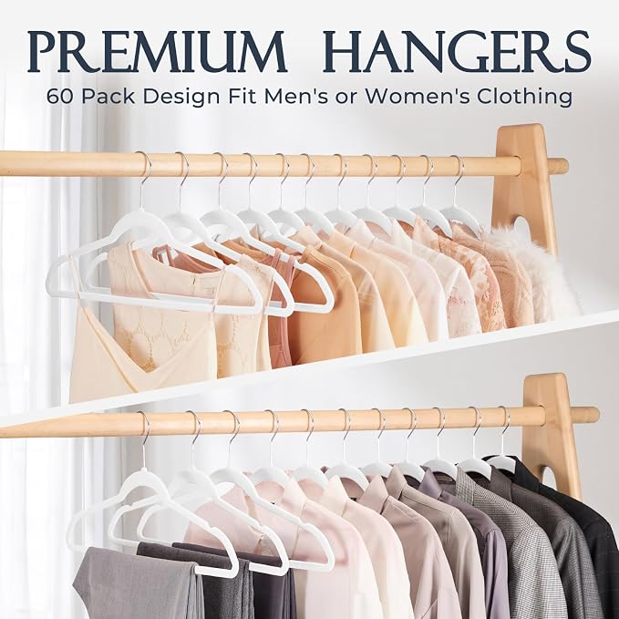 HOUSE DAY White Velvet Hangers 60 Pack, Non Slip Clothes Felt Hanger Heavy Duty for Coat, Premium Slim Space Saving Suit Hangers for Closet Organizer, 360° Rotating Silver Hook - Image 8