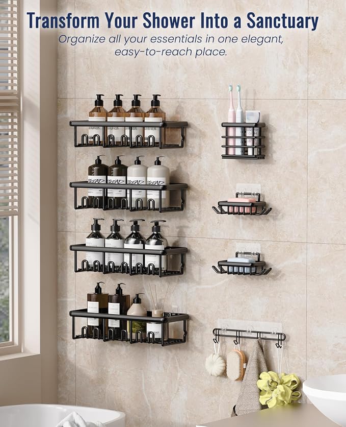 8 Pack Adhesive Rustproof Shower Shelves with Soap Dishes, Toothbrush Holder & Hooks, Large Capacity No-Drilling Shower Shelves Rack for Bathroom Organizers and Storage Accessories, Black - Image 3